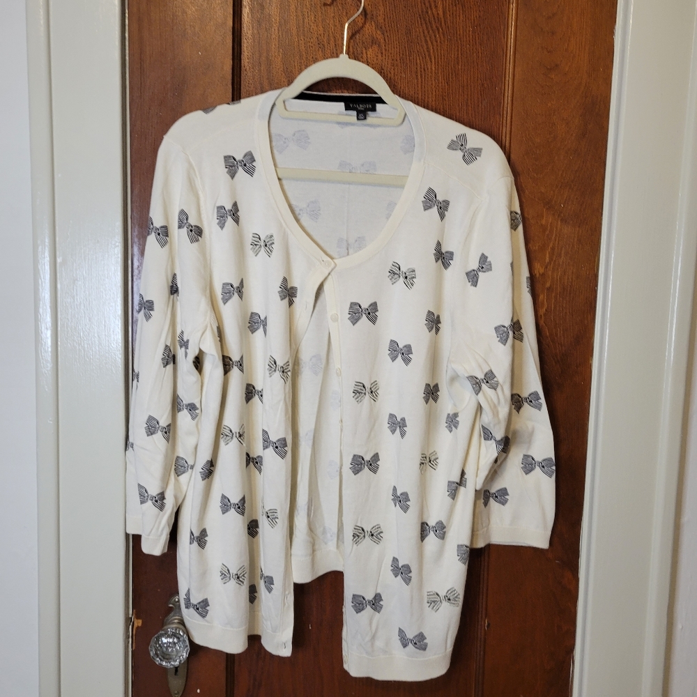 Cream and Black Bow Cardigan by: Talbots Sz 2X